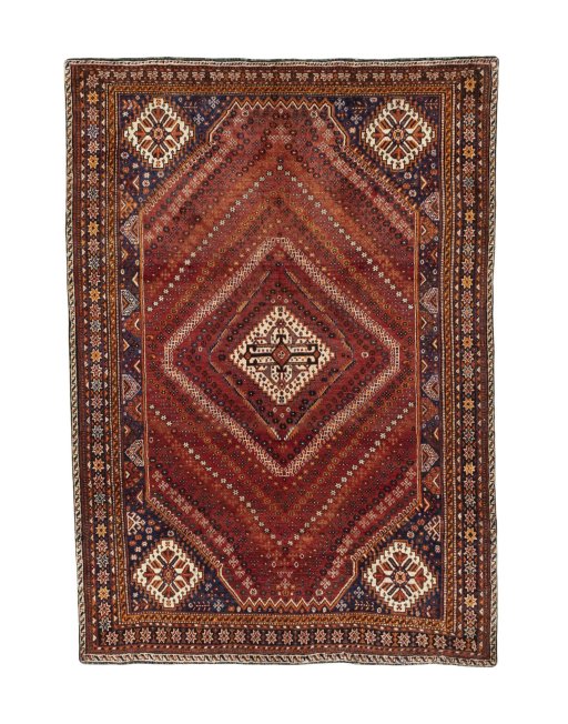 Full view of 2000s Shiraz rug from Iran / Persia, 285 × 200 cm in Red tones
