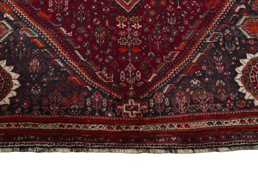 Full view of 2000s Shiraz rug from Iran / Persia, 323 × 211 cm in Red tones