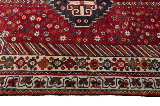 Full view of 2000s Shiraz rug from Iran / Persia, 251 × 155 cm in Red tones