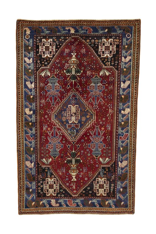 Full view of 2000s Shiraz rug from Iran / Persia, 255 × 160 cm in Red tones