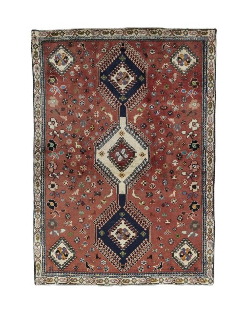 Full view of 2000s Shiraz rug from Iran / Persia, 168 × 120 cm in Red tones