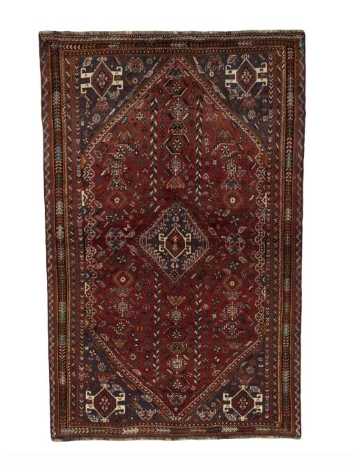 Full view of 1970s Shiraz rug from Iran / Persia, 272 × 174 cm in Red tones