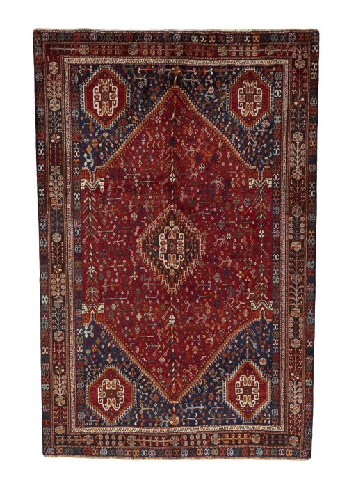 Full view of 1970s Shiraz rug from Iran / Persia, 254 × 167 cm in Red tones