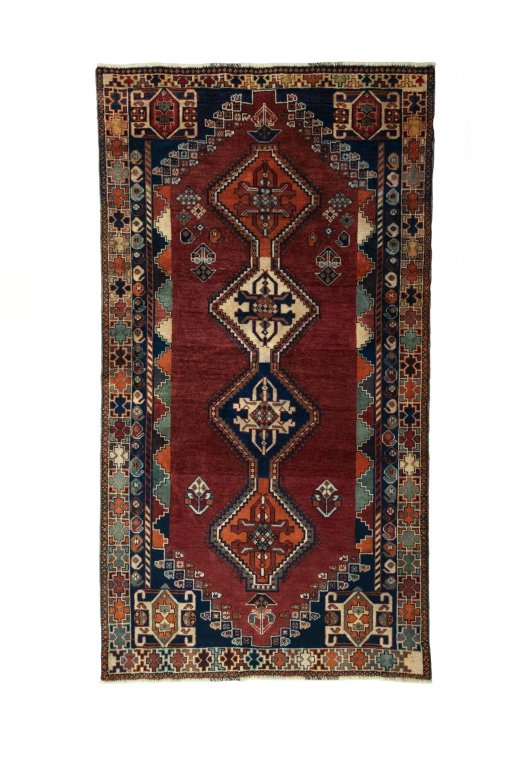 Full view of 2000s Shiraz rug from Iran / Persia, 227 × 125 cm in Red tones