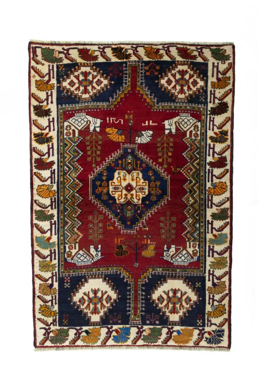 Full view of 2000s Shiraz rug from Iran / Persia, 195 × 130 cm in Red tones