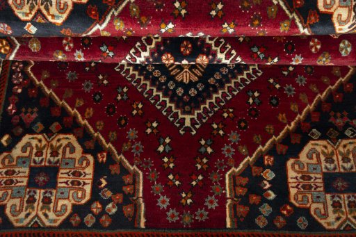 Full view of 2000s Shiraz rug from Iran / Persia, 244 × 159 cm in Red tones