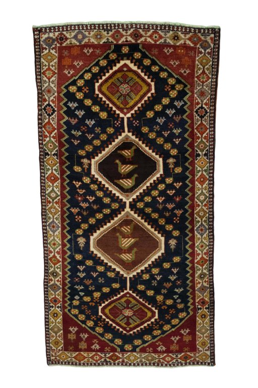 Full view of 2000s Shiraz rug from Iran / Persia, 226 × 116 cm in Blue tones