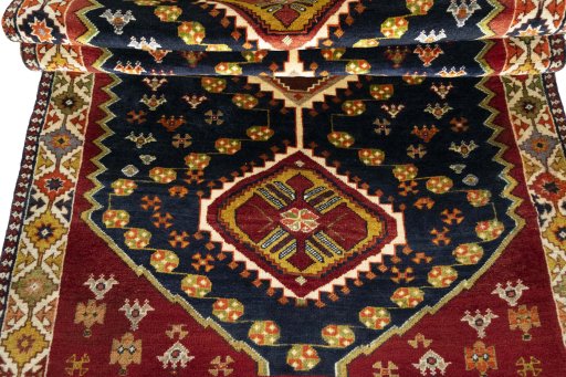 Full view of 2000s Shiraz rug from Iran / Persia, 226 × 116 cm in Blue tones