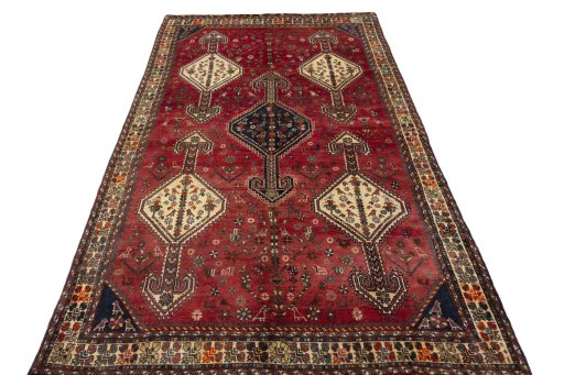 Surface texture of 1970s Shiraz rug with natural Wool and intricate pattern