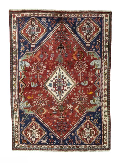 Full view of 2000s Shiraz rug from Iran / Persia, 217 × 155 cm in Red tones