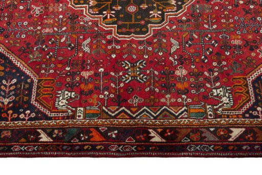 Full view of 2000s Shiraz rug from Iran / Persia, 255 × 165 cm in Red tones