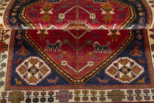 Full view of 2000s Shiraz rug from Iran / Persia, 151 × 117 cm in Red tones