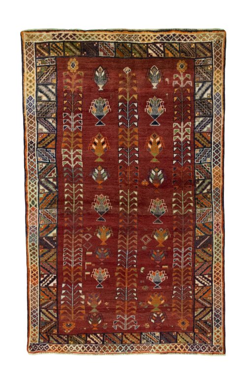 Full view of 2000s Shiraz rug from Iran / Persia, 204 × 129 cm in Red tones
