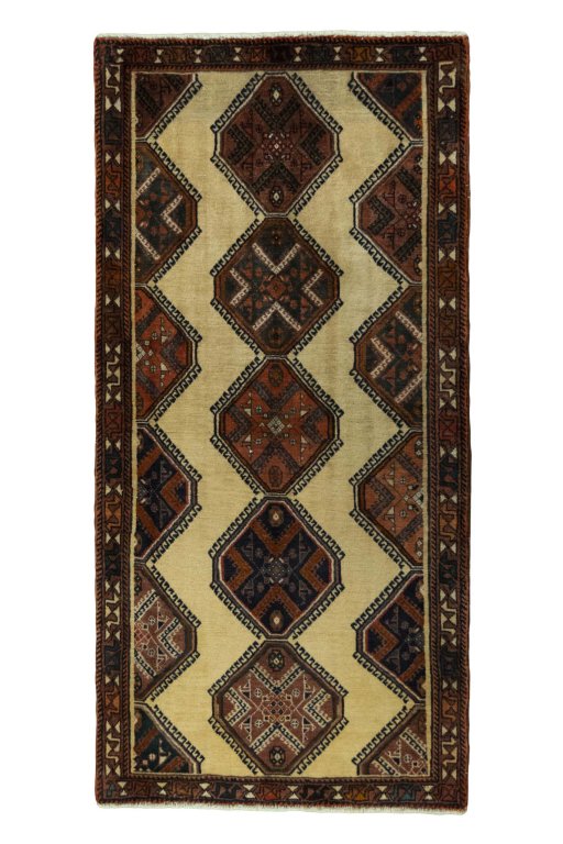 Full view of 2000s Shiraz rug from Iran / Persia, 150 × 72 cm in Beige tones