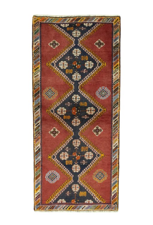 Full view of 2000s Shiraz rug from Iran / Persia, 188 × 84 cm in Red tones