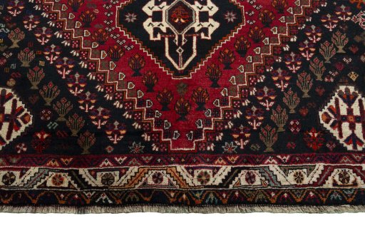 Full view of 2000s Shiraz rug from Iran / Persia, 261 × 173 cm in Red tones