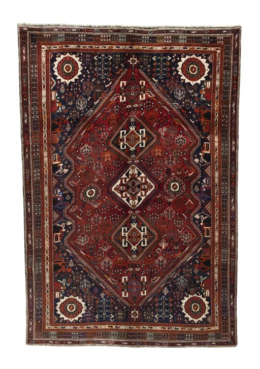 Full view of 2000s Shiraz rug from Iran / Persia, 317 × 215 cm in Red tones