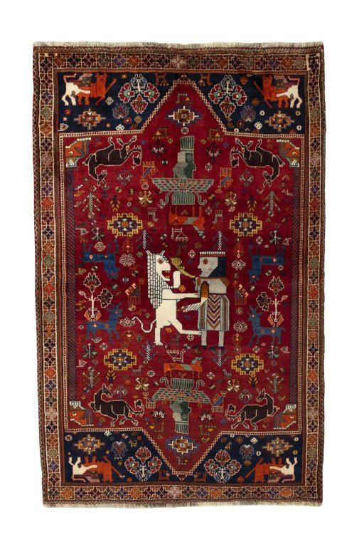 Full view of 2000s Shiraz rug from Iran / Persia, 227 × 147 cm in Red tones