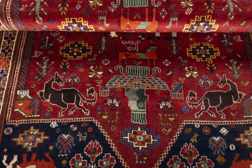 Full view of 2000s Shiraz rug from Iran / Persia, 227 × 147 cm in Red tones