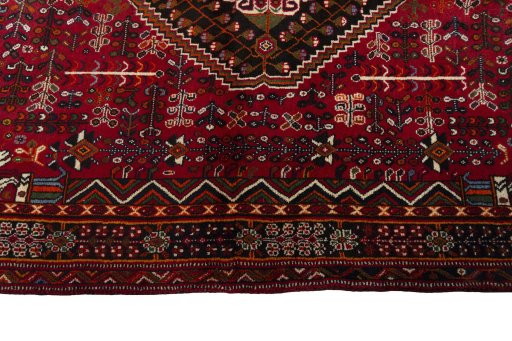 Full view of 2000s Shiraz rug from Iran / Persia, 252 × 157 cm in Red tones