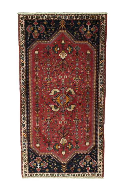 Full view of 2000s Shiraz rug from Iran / Persia, 151 × 81 cm in Red tones