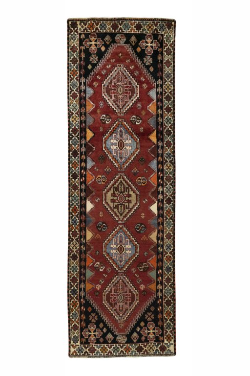 Full view of 2000s Shiraz rug from Iran / Persia, 273 × 87 cm in Red tones