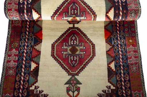 Full view of 2000s Shiraz rug from Iran / Persia, 195 × 89 cm in Beige tones