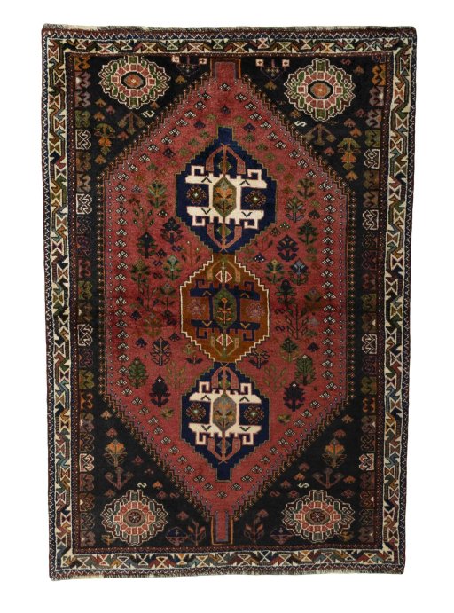 Full view of 2000s Shiraz rug from Iran / Persia, 188 × 127 cm in Red tones