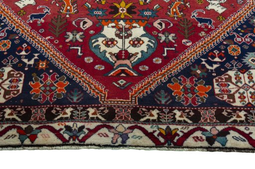 Full view of 2000s Shiraz rug from Iran / Persia, 188 × 153 cm in Red tones