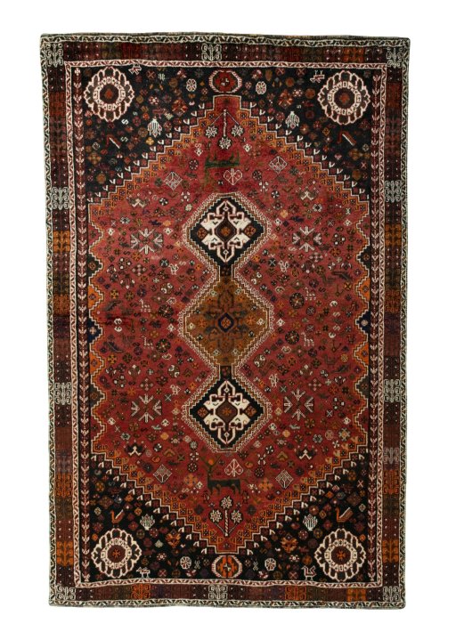 Full view of 1970s Shiraz rug from Iran / Persia, 281 × 177 cm in Red tones