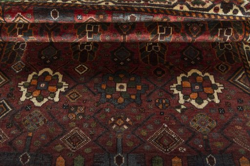 Full view of 1970s Shiraz rug from Iran / Persia, 146 × 117 cm in Red tones
