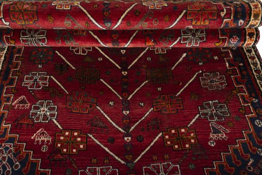 Full view of 2000s Shiraz rug from Iran / Persia, 230 × 122 cm in Red tones