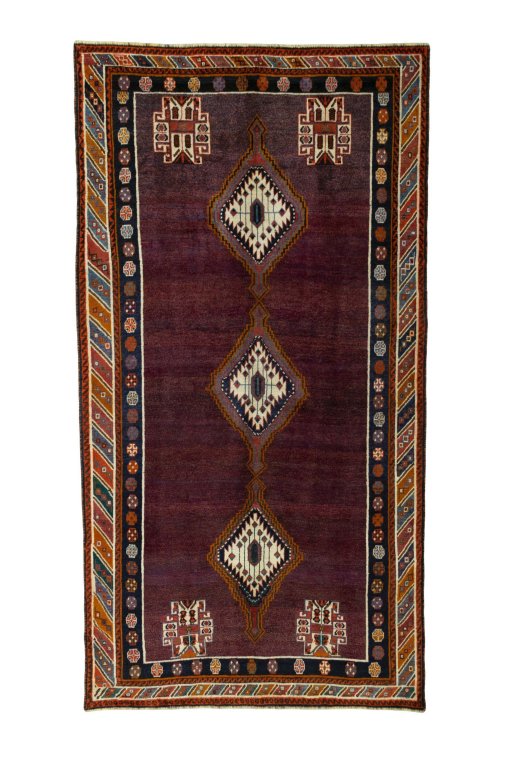 Full view of 1970s Shiraz rug from Iran / Persia, 285 × 151 cm in Red tones