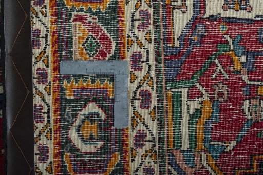 Backside of handmade 1970s Shiraz rug showing knot structure and weave density