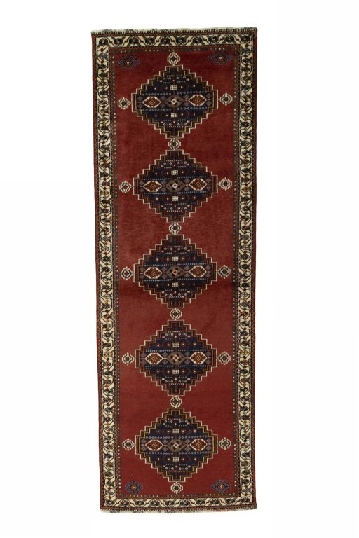 Full view of 2000s Shiraz rug from Iran / Persia, 313 × 105 cm in Red tones