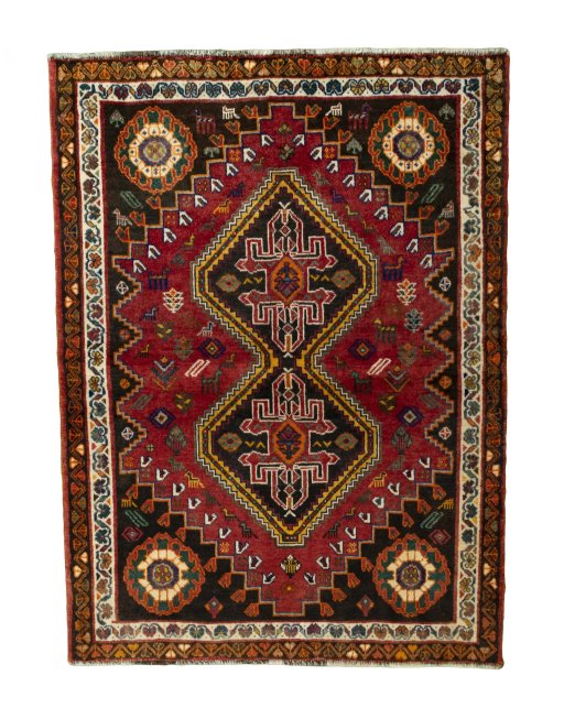 Full view of 2000s Shiraz rug from Iran / Persia, 158 × 118 cm in Red tones