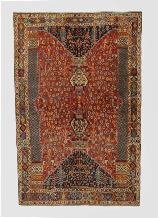 Full view of 1970s Shiraz rug from Iran / Persia, 250 × 165 cm in Red tones