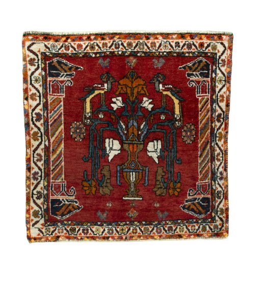 Full view of 2000s Shiraz rug from Iran / Persia, 65 × 64 cm in Red tones