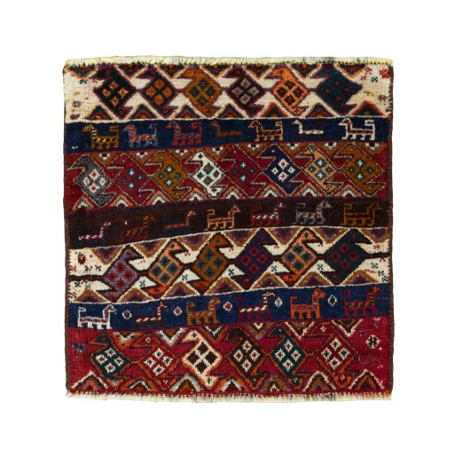 Full view of 2000s Shiraz rug from Iran / Persia, 53 × 53 cm in Red tones