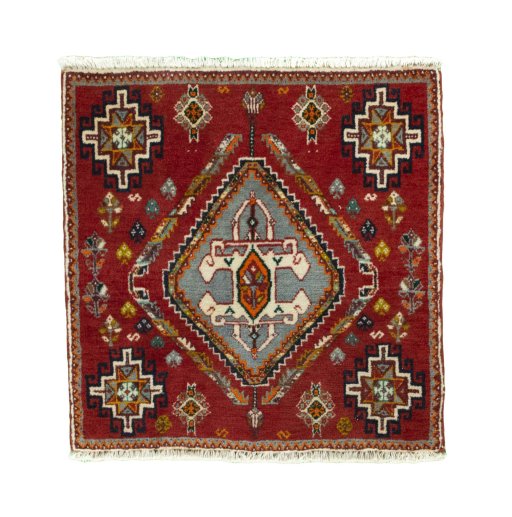 Full view of 2000s Shiraz rug from Iran / Persia, 56 × 55 cm in Red tones
