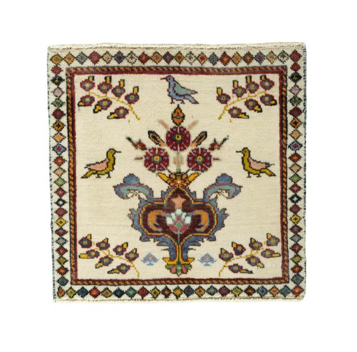Full view of 2000s Shiraz rug from Iran / Persia, 61 × 62 cm in Red tones