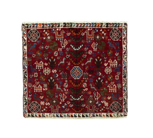 Full view of 2000s Shiraz rug from Iran / Persia, 53 × 59 cm in Red tones