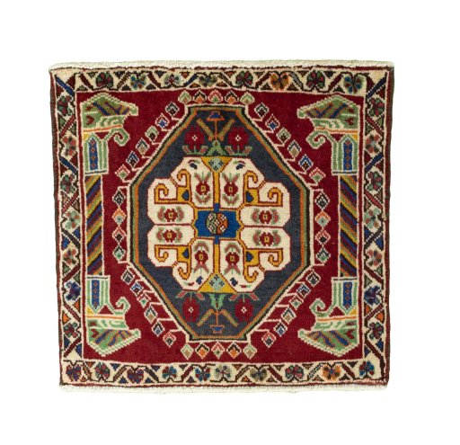 Full view of 2000s Shiraz rug from Iran / Persia, 61 × 63 cm in Red tones