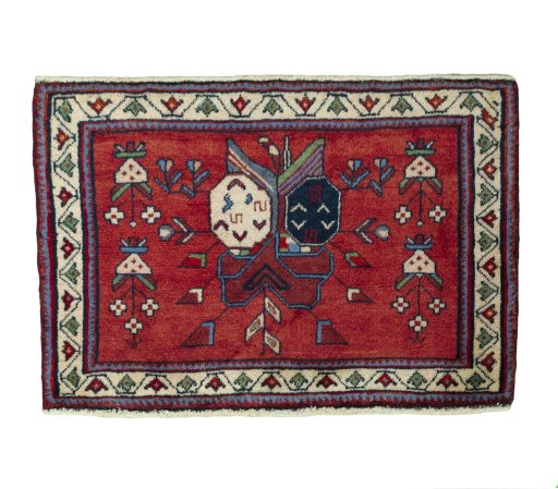 Full view of 2000s Shiraz rug from Iran / Persia, 51 × 74 cm in Red tones