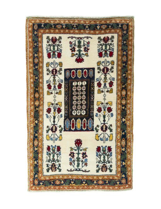 Full view of 2000s Shiraz rug from Iran / Persia, 95 × 59 cm in Multi Color tones