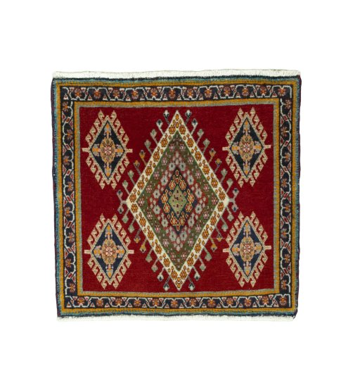 Full view of 2000s Shiraz rug from Iran / Persia, 57 × 60 cm in Red tones