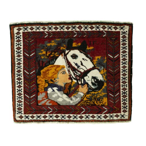 Full view of 2000s Shiraz rug from Iran / Persia, 58 × 72 cm in Red tones