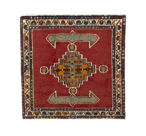 Full view of 2000s Shiraz rug from Iran / Persia, 57 × 57 cm in Red tones