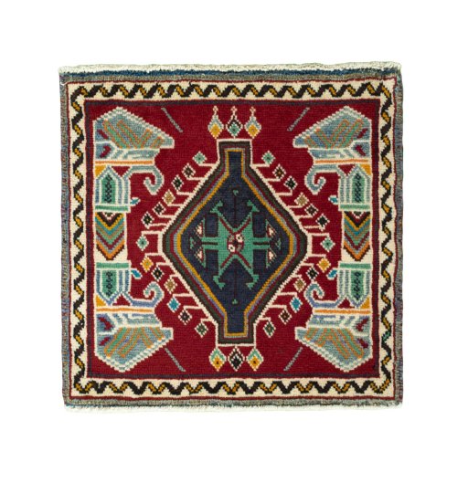 Full view of 2000s Shiraz rug from Iran / Persia, 58 × 60 cm in Red tones