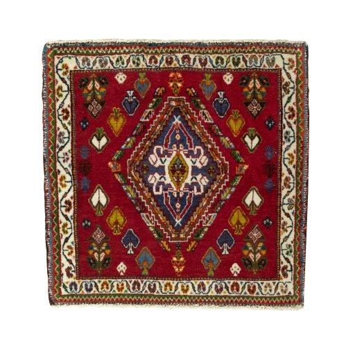 Full view of 2000s Shiraz rug from Iran / Persia, 65 × 65 cm in Red tones